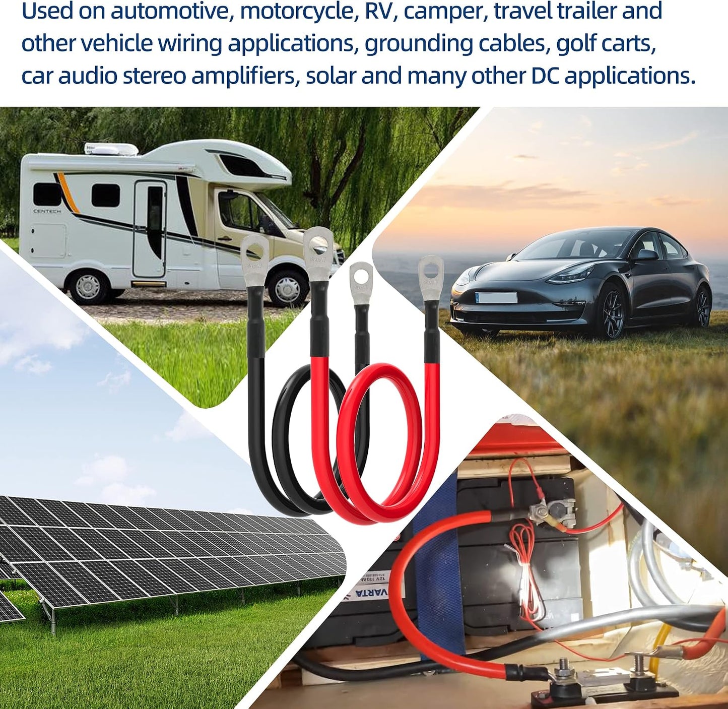 8 AWG Battery Cable 8 Gauge Power Inverter Cables with 5/16 Inch Lugs Both Ends for Solar Boat Marine RV Car 2 Pack (2FT)