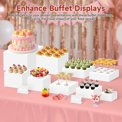 frtzal 4PCS Food Risers for Buffet Table Display Stand for Catering Dessert Matte black Cube Boxes Nesting Risers with Hollow Bottoms (White, L-8,19,10,12)