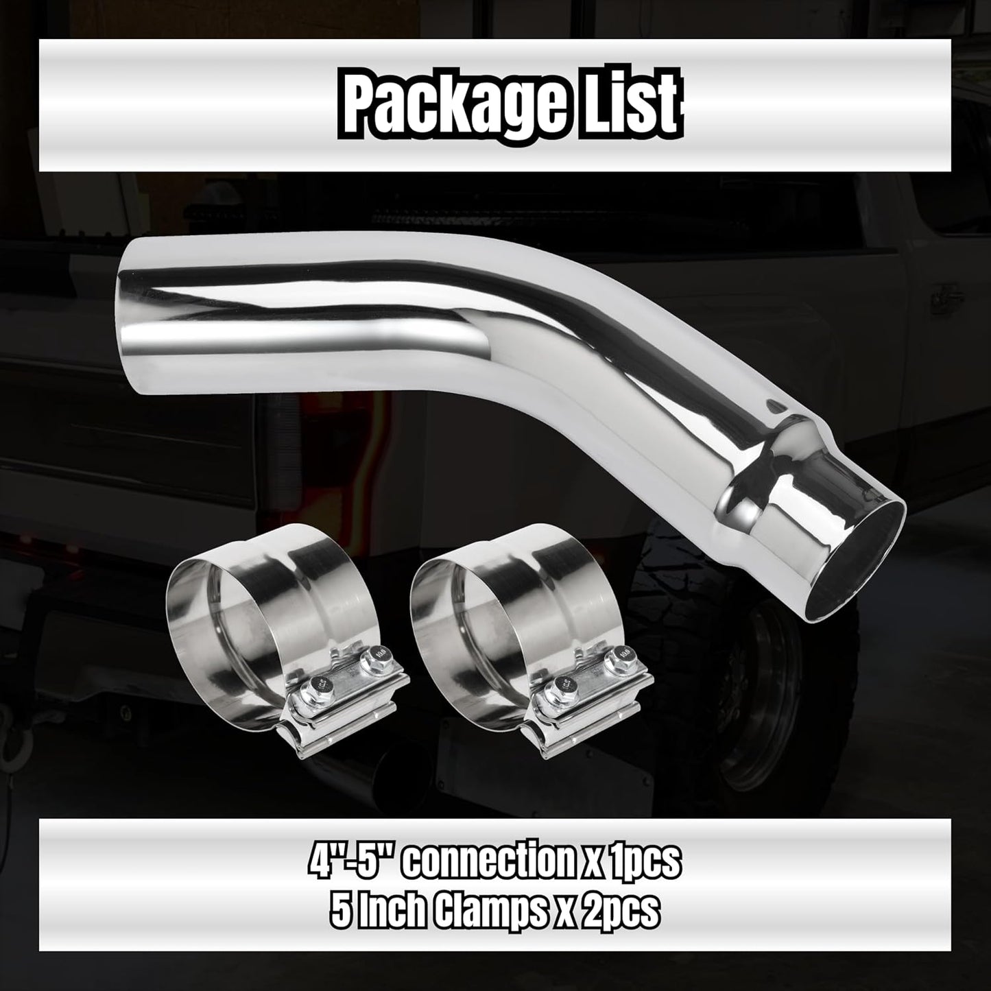 4 Inch Diesel Exhaust Elbow Tip, 4" Inlet to 5" Outlet, 23" Long Chrome Exhaust Pipe Elbow 2pcs 4'' Exhaust Clamps