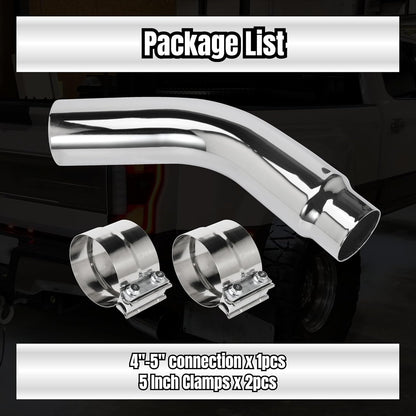 4 Inch Diesel Exhaust Elbow Tip, 4" Inlet to 5" Outlet, 23" Long Chrome Exhaust Pipe Elbow 2pcs 4'' Exhaust Clamps