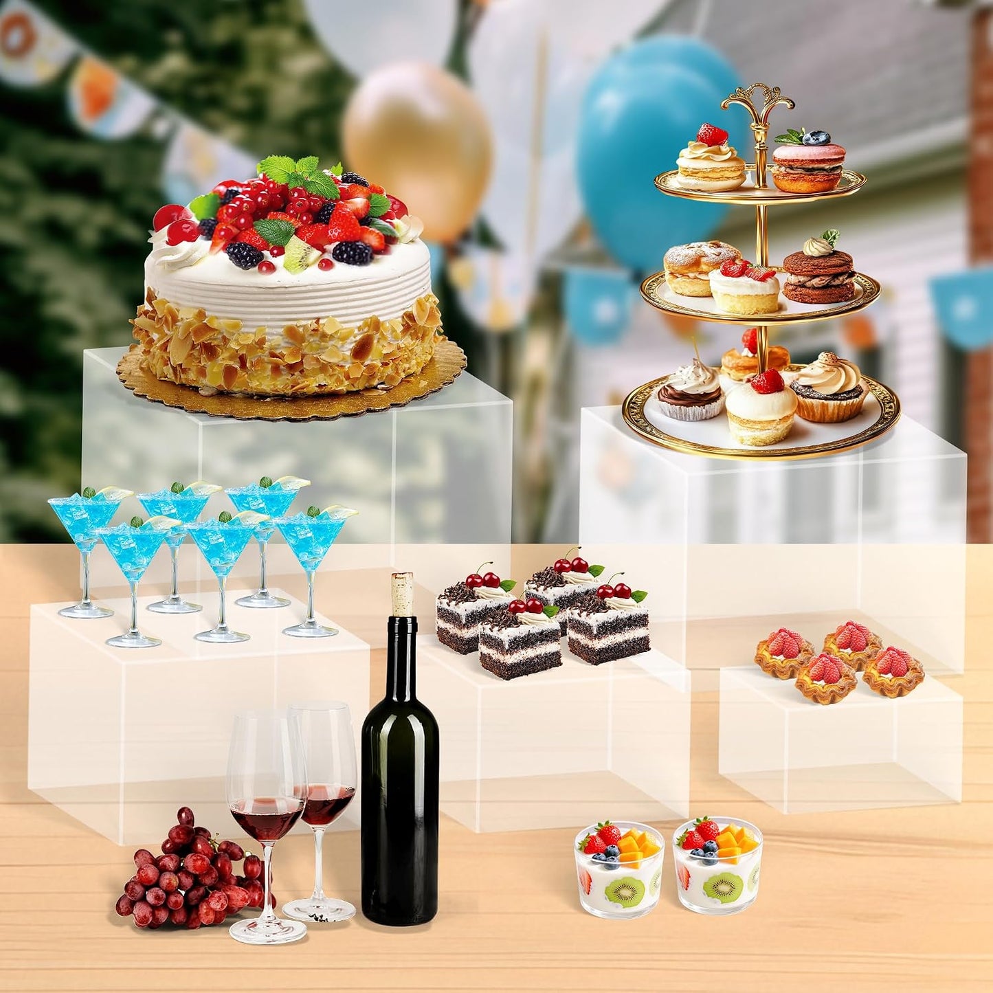 frtzal 6PCS Food Risers for Buffet Table Display Stand for Catering Dessert Matte black Cube Boxes Nesting Risers with Hollow Bottoms (Transparent, M-6,7,7.5.8,9,10)