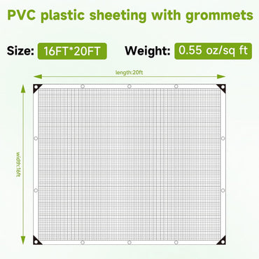 16Ftx20Ft Greenhouse Cover,Clear Plastic Tarps,16Mil Heavy Duty Waterproof tarp with UV Resistance and Grommets,Greenhouse Plastic for Gardening,Farming,Nursery,Garden