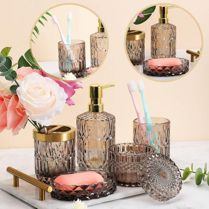 5Pcs Glass Bathroom Accessories,Bathroom Sets Complete, Lotion Dispenser, Soap Dish, Toothbrush Holder, Tumbler, Cotton Swab Jars, Modern Bathroom Decor and Gift Set (Gary)