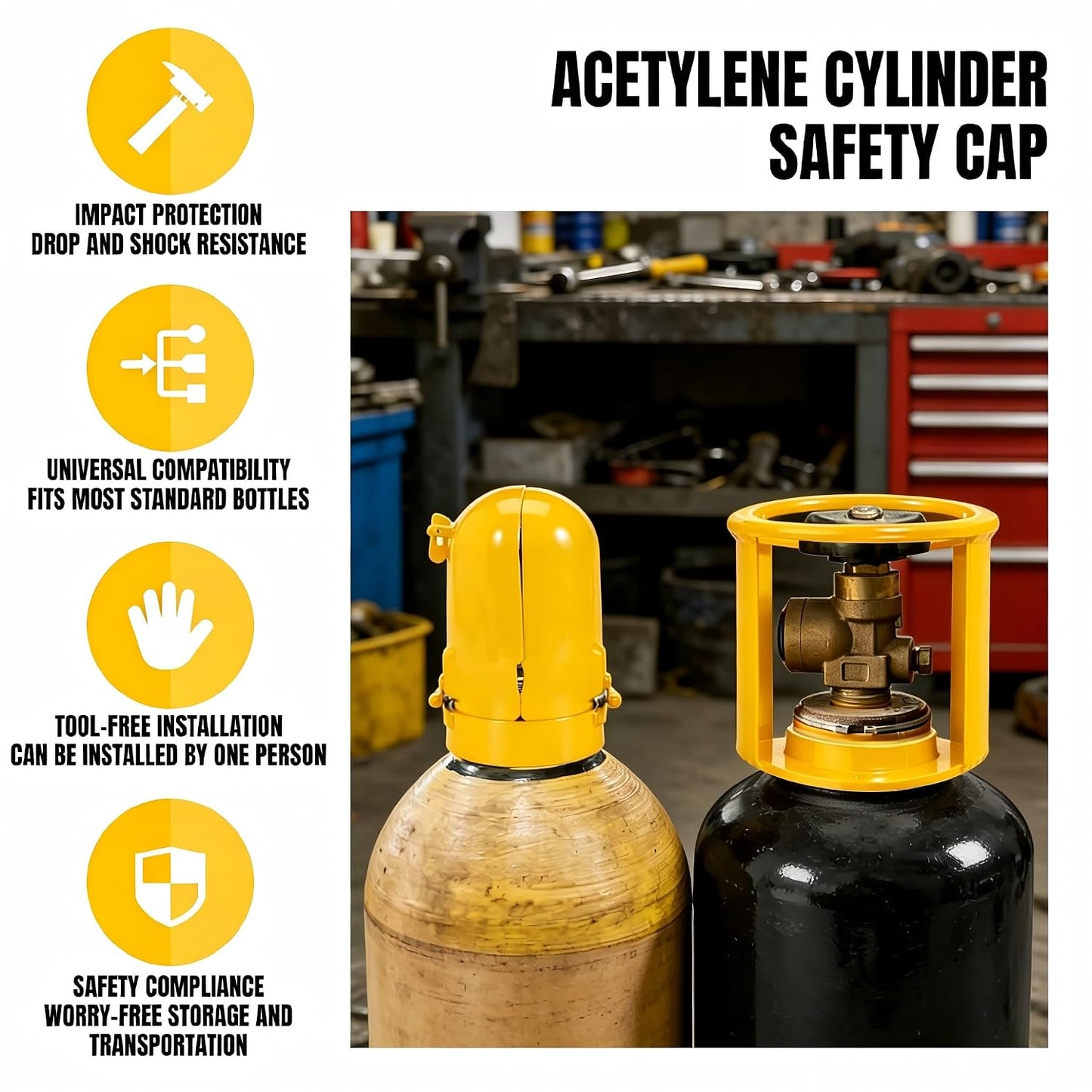 2PCS Acetylene Gas Cylinder Regulator Safety Cap Protector 3-1/8"x11 & 3-1/2"x12 Fine Thread Steel Valve Cover for High/Low Pressure Tanks Storage & Transport