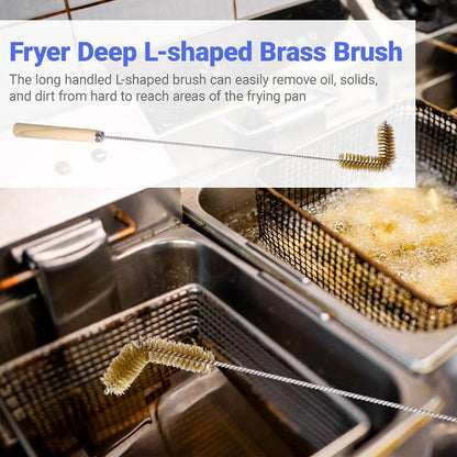4 PCS Fryer Cleaning Tools with Deep Fryer Brass L-Shaped Brush, Deep Fryer Crumb Scoop, Deep Fryer Cleanout Rod, Long Handle Deep Basket Brush for Restaurants, Air Fryers, Deep Fat Fryers