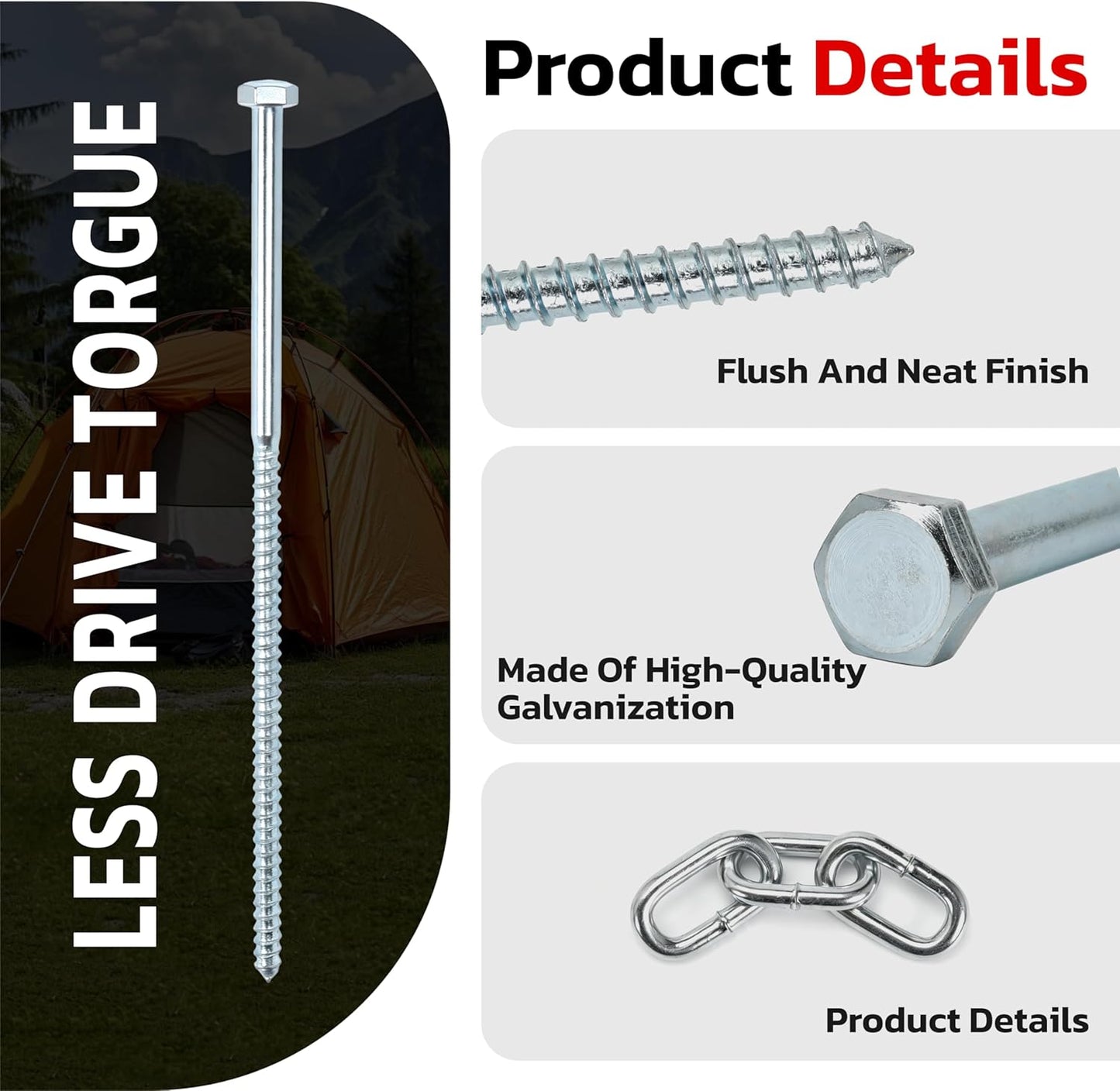 Heavy Duty Lag Screws 3/8 x 12 Tent Stakes Kit with Chain Links and Washers for Trampoline Carports Canopies Sheds Swing Sets Camping Ground Anchors for High Winds