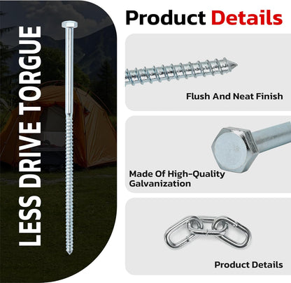 Heavy Duty Lag Screws 3/8 x 12 Tent Stakes Kit with Chain Links and Washers for Trampoline Carports Canopies Sheds Swing Sets Camping Ground Anchors for High Winds