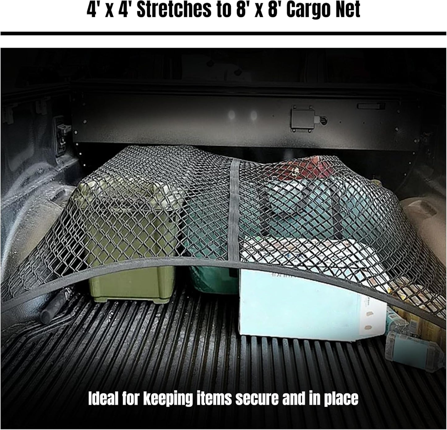 Cargo Net for Pickup Truck Bed, Truck Bed Netting for Cargo, 4' x 4' Bungee Net Stretches to 8' x 8' Truck Bed Cargo Net for Pickup Trucks Trailers