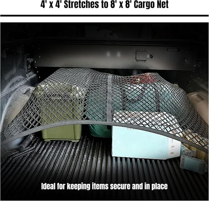 Cargo Net for Pickup Truck Bed, Truck Bed Netting for Cargo, 4' x 4' Bungee Net Stretches to 8' x 8' Truck Bed Cargo Net for Pickup Trucks Trailers