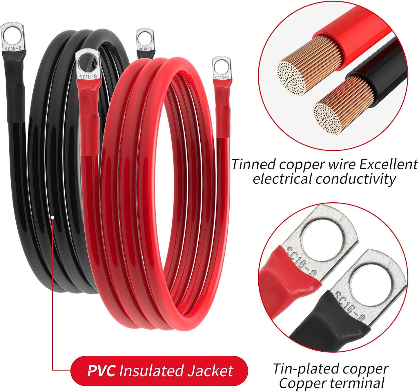 6 AWG Battery Cable 6 Gauge Battery Wires with 5/16 terminals Power Inverter Cables for Solar Boat Marine RV Car (5FT, with 6 AWG 5/16" Lugs)