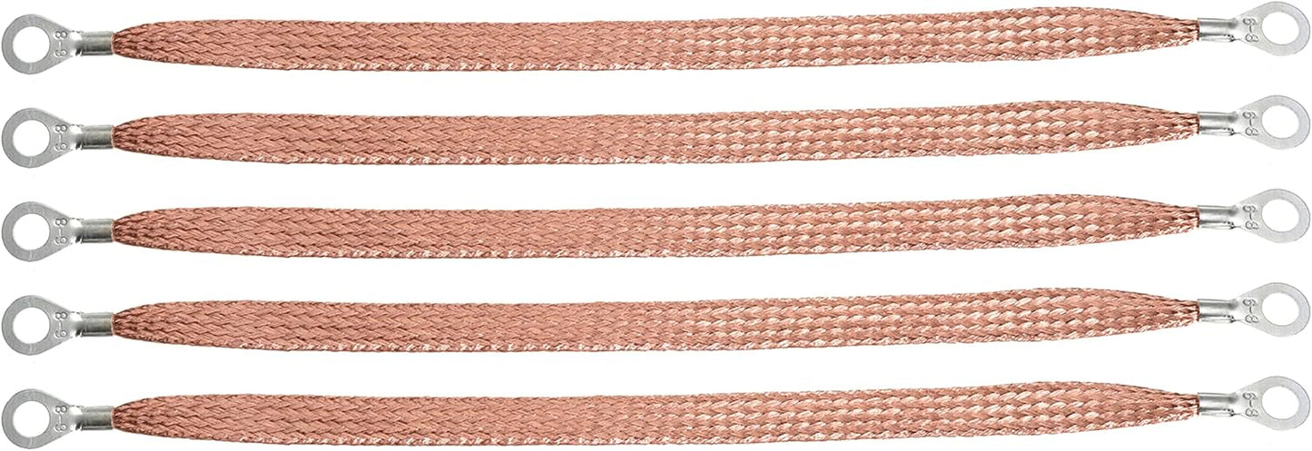 11.8-inches Braided Ground Strap Automotive Heavy Duty Copper Ground Strap with 1/4-inches Terminal Lugs 10PCS