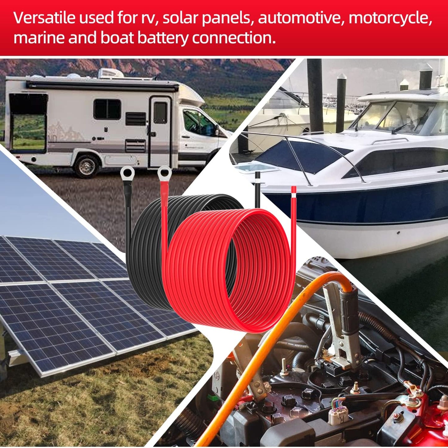 8 AWG Battery Cables 8 Gauge Solar Panel Wire Tinned Copper Extension Cable with 5/16'' Lugs for RV Solar Panel Car Automotive (8AWG 20FT)