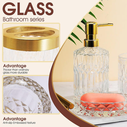 5Pcs Glass Bathroom Accessories Complete Set, Lotion Dispenser, Soap Dish, Toothbrush Holder, Tumbler, Cotton Swab Jars, Modern Bathroom Decor and Gift Set (White)