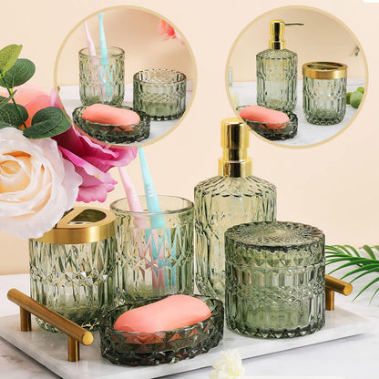 Bathroom Accessories Set,5Pcs Glass Bathroom Accessories Set, Lotion Dispenser, Soap Dish, Toothbrush Holder, Tumbler, Modern Bathroom Decor, Gift for Home Apartment (Green)