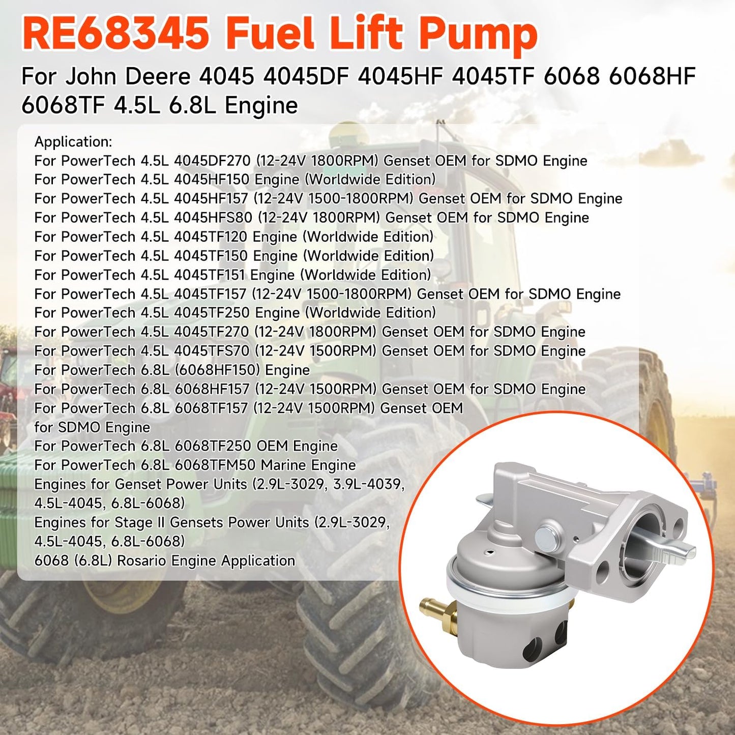 RE68345 Fuel Lift Pump for John Deere 4045 4045DF 4045HF 4045TF 6068 6068HF 6068TF 4.5 6.8 4.5L 6.8L Engine (4PCS)