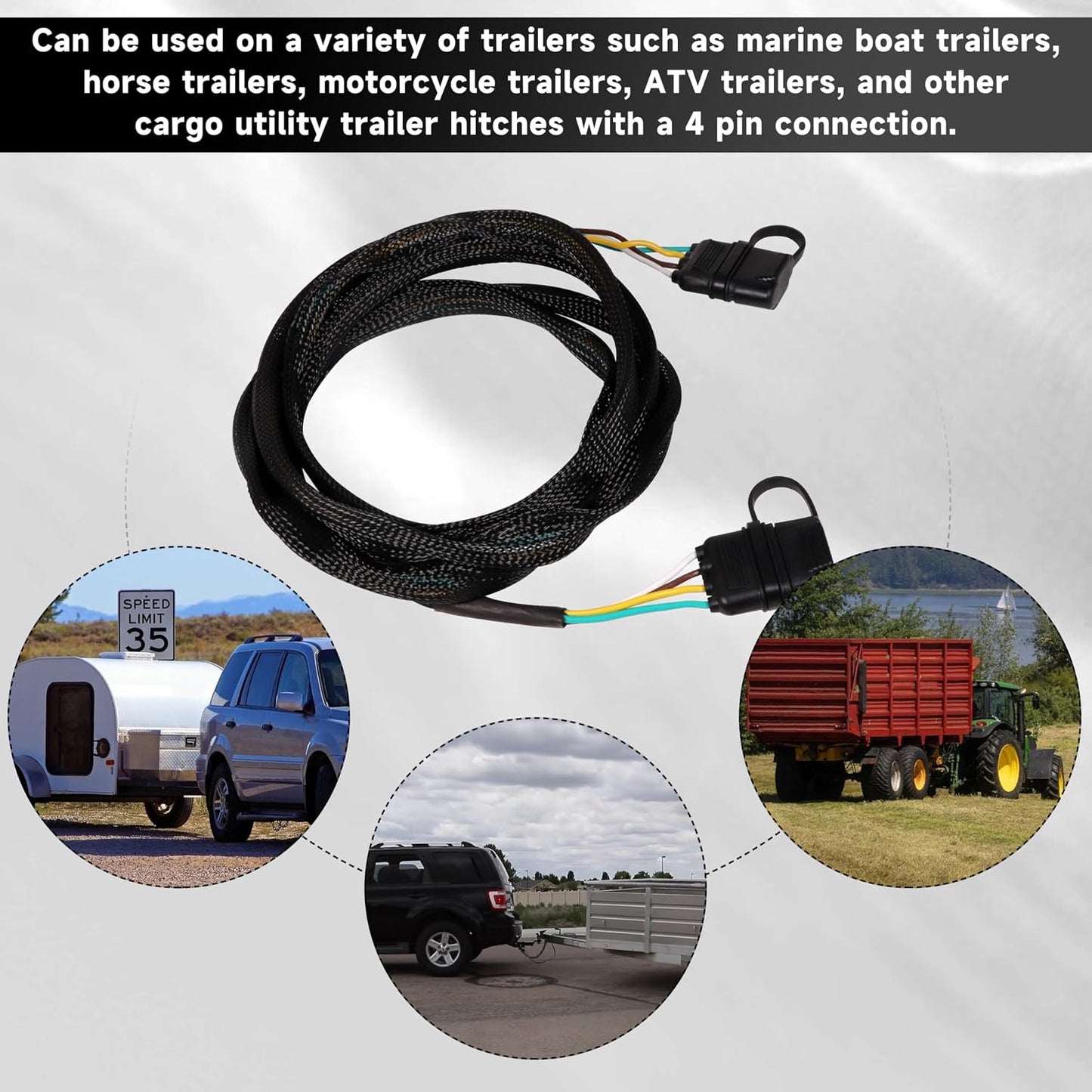 16 AWG 4FT 4-Pin Flat Trailer Wiring Harness with 4 Way to 4 Way Male and Female Connector 16 Gauge 4 to 4 Trailer Extension Wire with Dust Cover for Trailer and Vehicle, Black, 4-16G-4FT