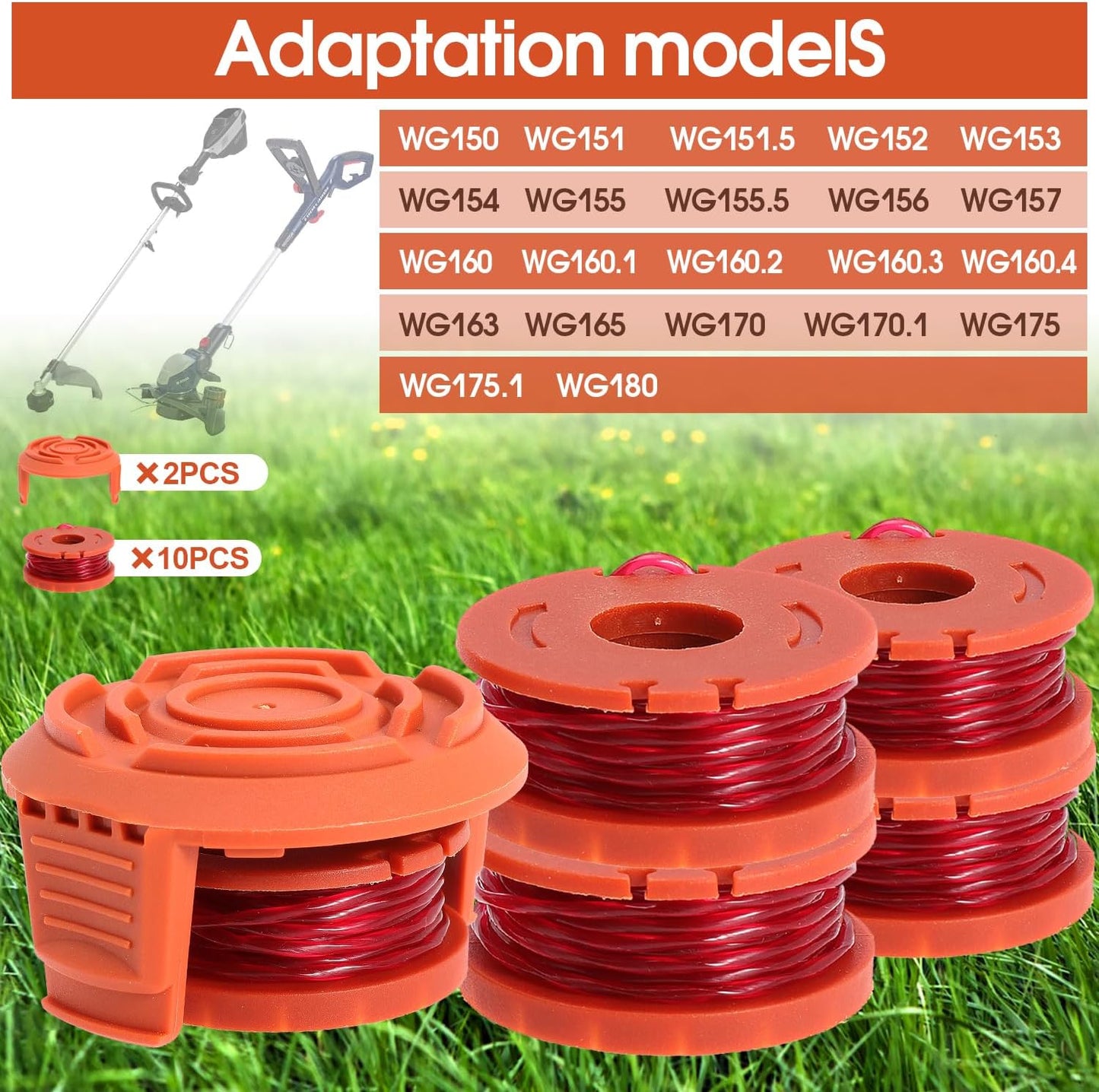 WA0010 Spool Trimmer Line Trimmer Spools for Worx String Trimmer WA0010 Weed Eater and WA6531 Spool Cap Coverfor Worx Weed Eater WG150 WG151 WG152 WG153 (10 Trimmer Line Spools+2 Spool Caps)