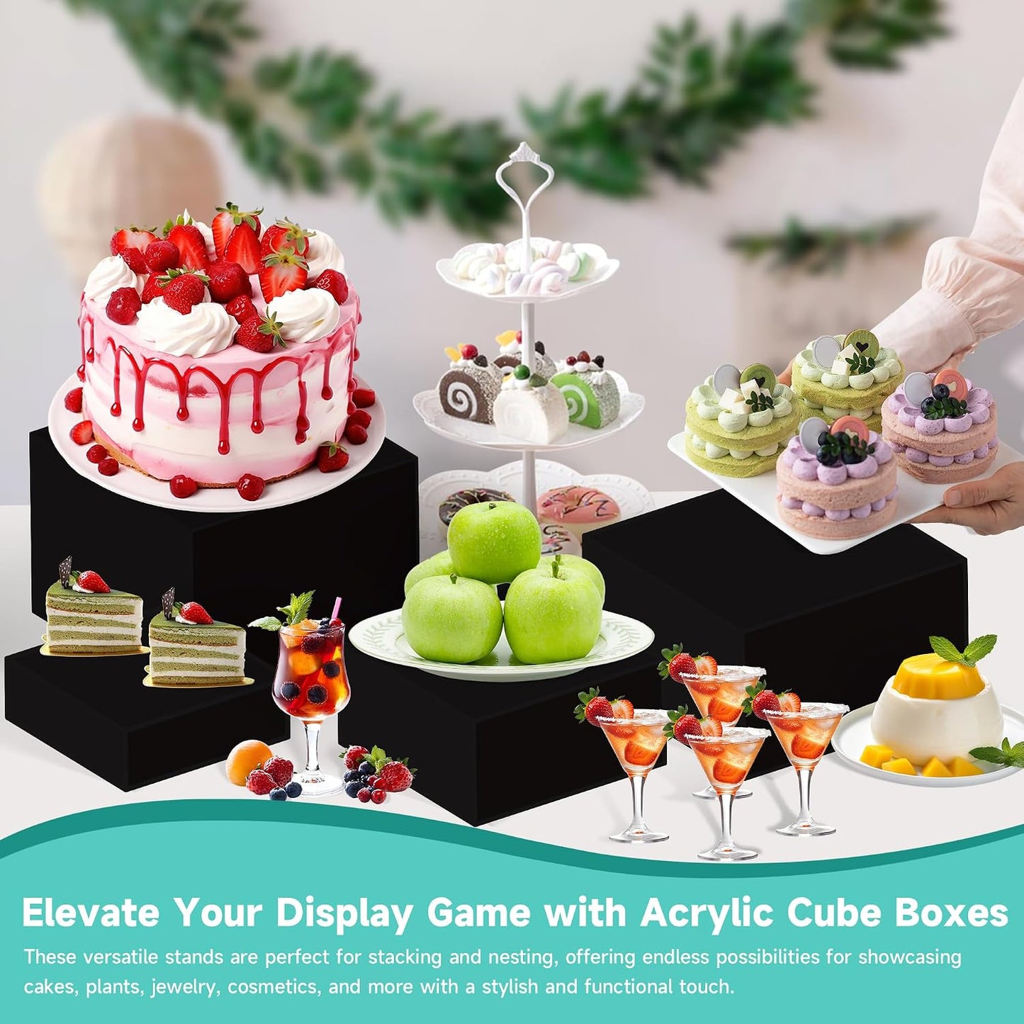 6Pcs Buffet Risers,Food Risers for Buffet Table Display Stand Shelf for Party Catering Dessert Jewelry Collectibles Acrylic Cube Boxes Display Nesting Risers (Black-L(5,6,7,8,9,10))