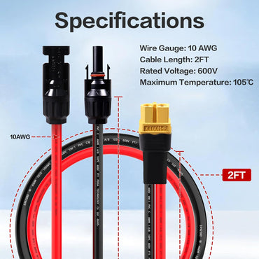 10AWG 2FT Solar to XT60 Charge Extension Cable for Solar Panels Portable Power Stations Solar Connector to XT60H Cables