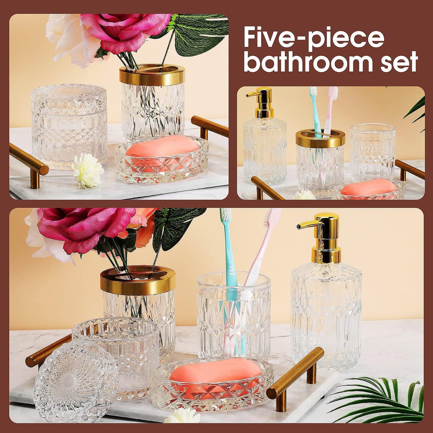 5Pcs Glass Bathroom Accessories Complete Set, Lotion Dispenser, Soap Dish, Toothbrush Holder, Tumbler, Cotton Swab Jars, Modern Bathroom Decor and Gift Set (White)