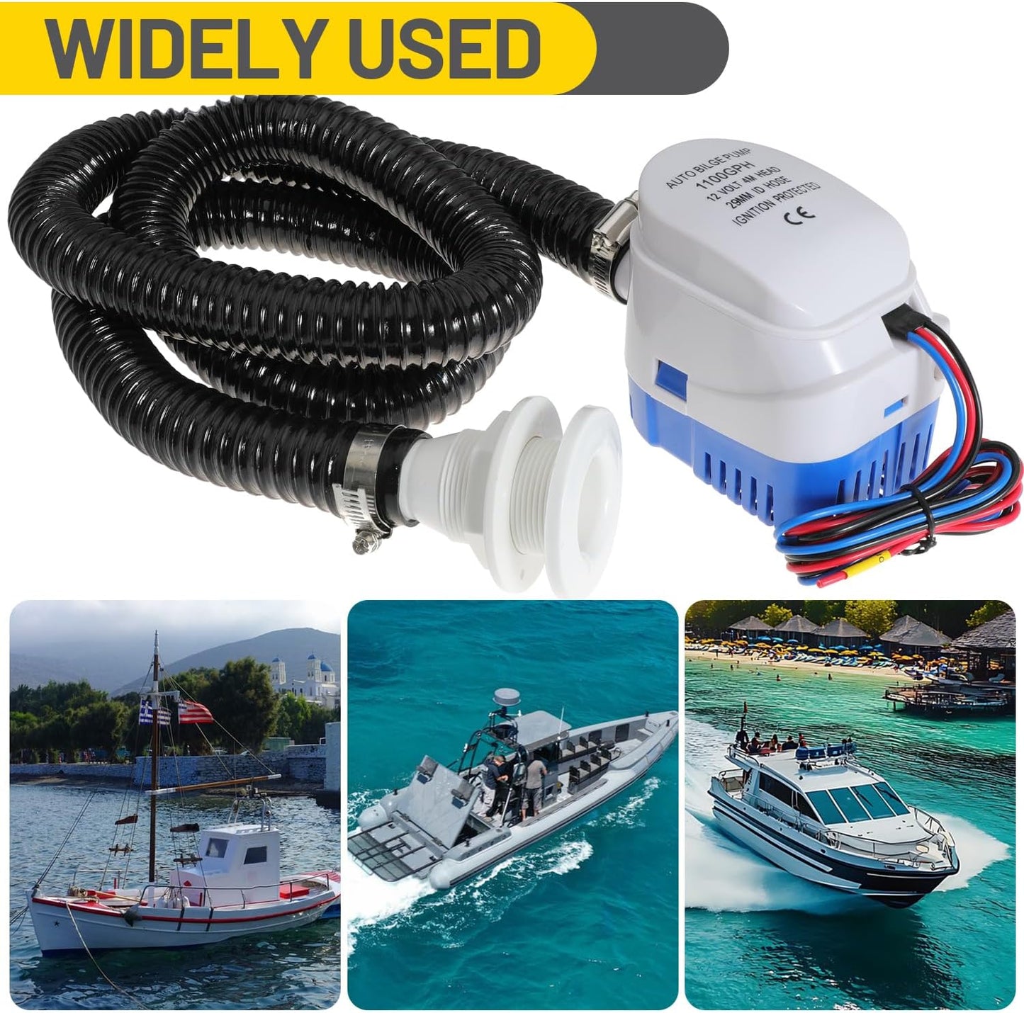Boat Bilge Plumbing Kit 1-1/8 Inch Dia 12V Automatic Bilge Pump kit 1100 GPH with 6FT PVC Bilge Pump Hose (Automatic Pump)