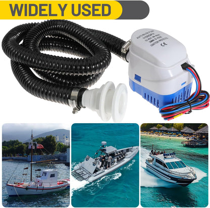 Boat Bilge Plumbing Kit 1-1/8 Inch Dia 12V Automatic Bilge Pump kit 1100 GPH with 6FT PVC Bilge Pump Hose (Automatic Pump)