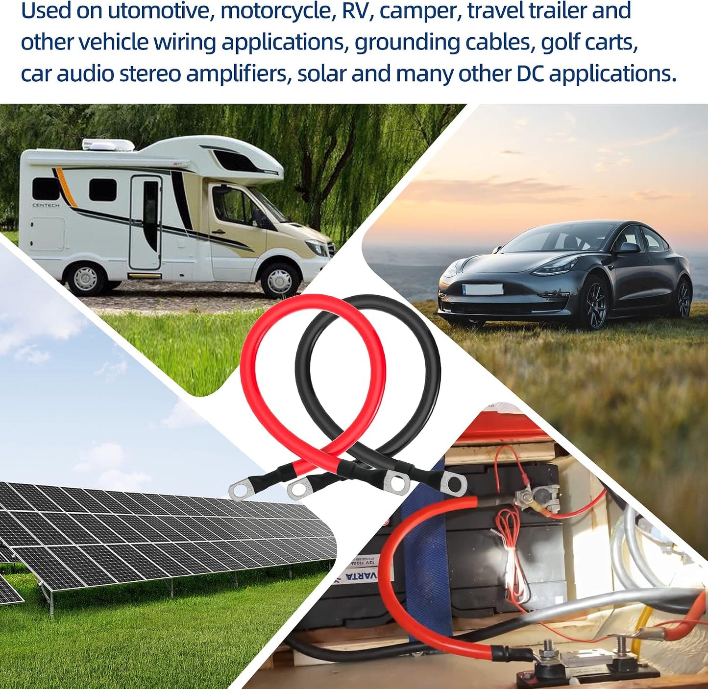 4 AWG Battery Cable 4AWG Gauge Pure Copper Battery Inverter Cables with 3/8 in Lugs Both Ends Power Inverter Wire Set for Automotive Solar Marine Boat RV Car Motorcycle Red and Black (1ft)