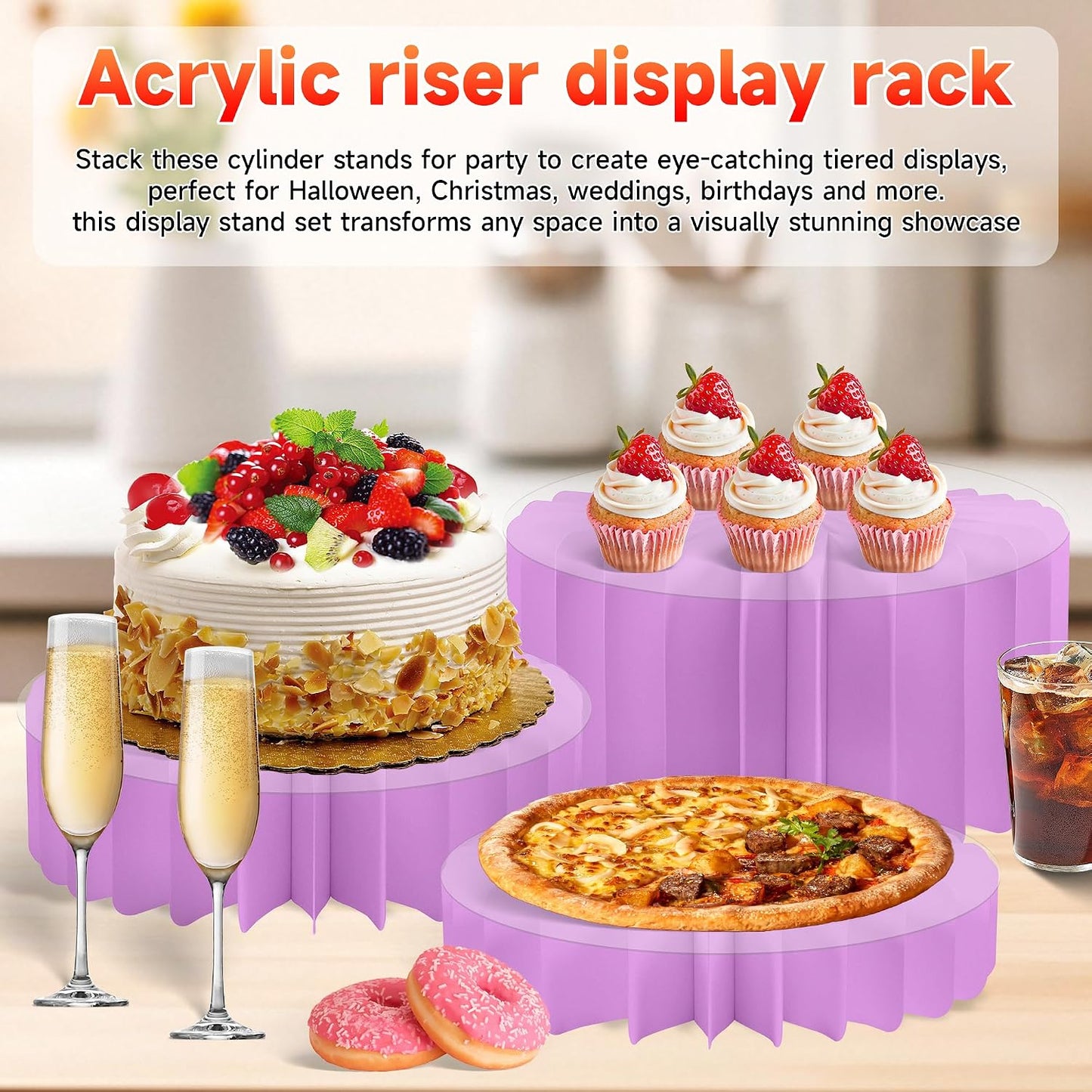 4-Pack Buffet Risers |Food Risers for Buffet Table,Black able Acrylic Risers Display Stands for Party | Cake Stand for Wedding, Birthday & Festive Tables (purple, 4 park)