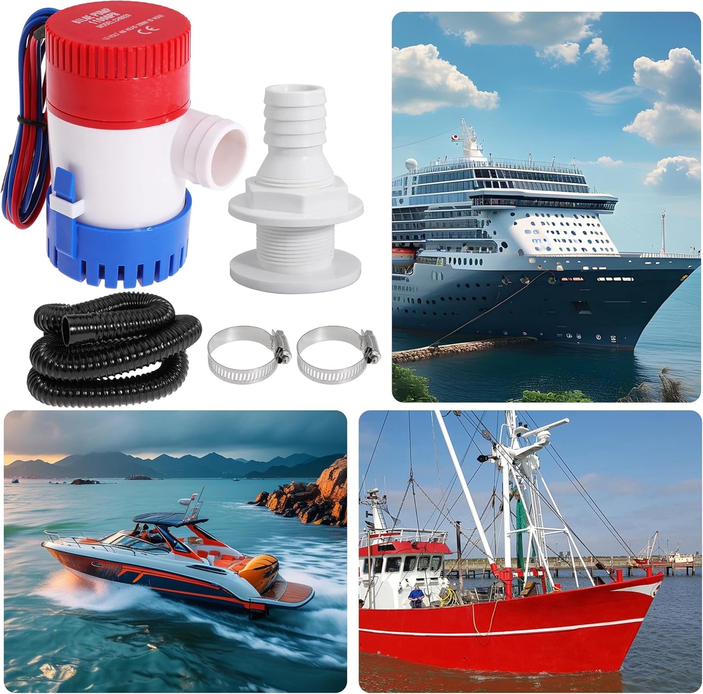 Boat Bilge Plumbing Kit 1-1/8 Inch Dia 12V Non-automatic Bilge Pump kit 1100 GPH with 6FT PVC Bilge Pump Hose (Straight Elbow)