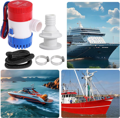 Boat Bilge Plumbing Kit 1-1/8 Inch Dia 12V Non-automatic Bilge Pump kit 1100 GPH with 6FT PVC Bilge Pump Hose (Straight Elbow)