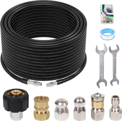 200FT Sewer Jetter Kit for Pressure Washer, 5800PSI, 1/4 Inch NPT Drain Cleaner Hose Sewer Jetting with Rotating Corner Button Nose Nozzle for Pipe Cleaning