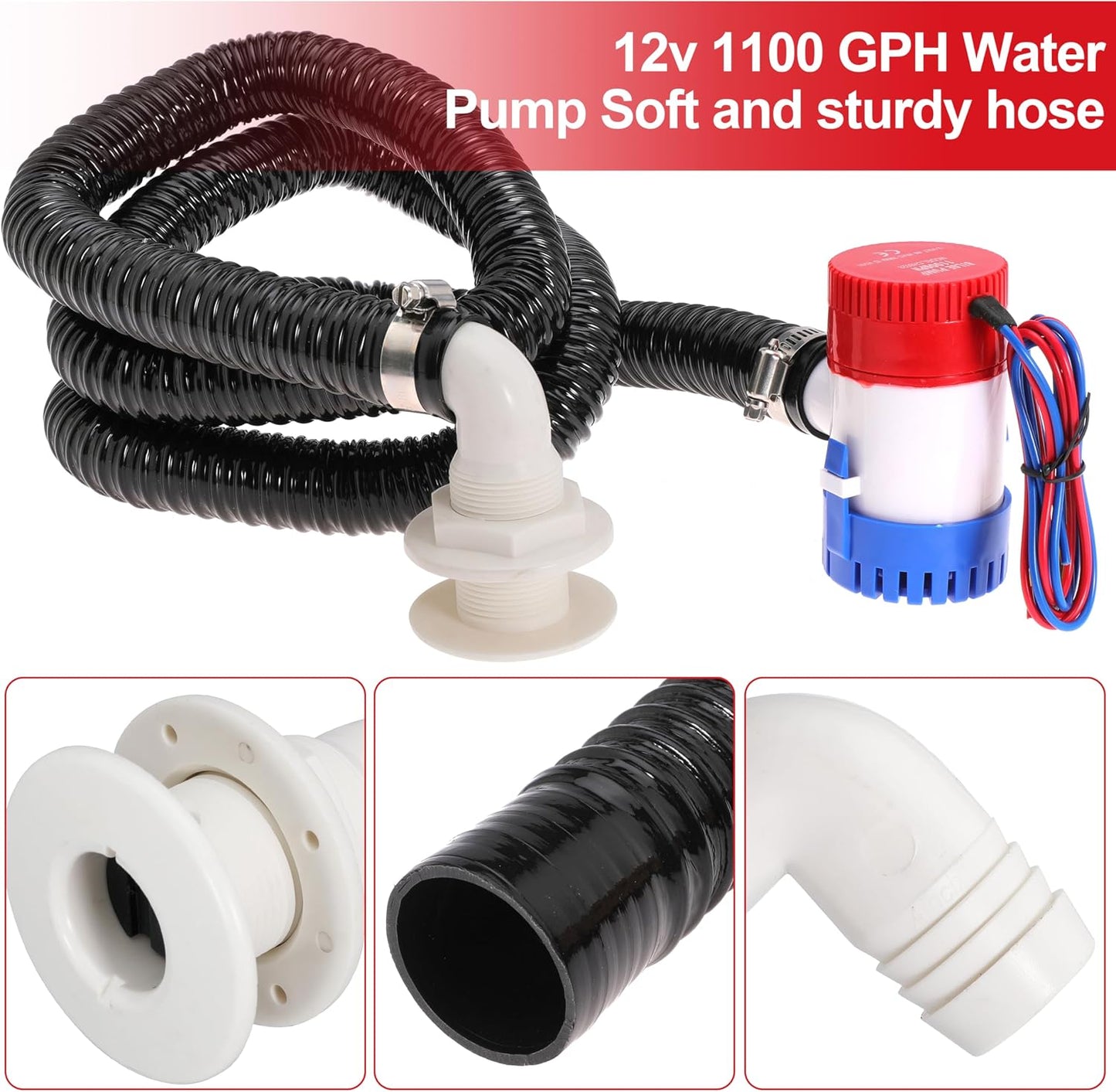 Boat Bilge Plumbing Kit 1-1/8 Inch Dia 12V Non-automatic Bilge Pump kit 1100 GPH with 6FT PVC Bilge Pump Hose (90 Degree Elbow)