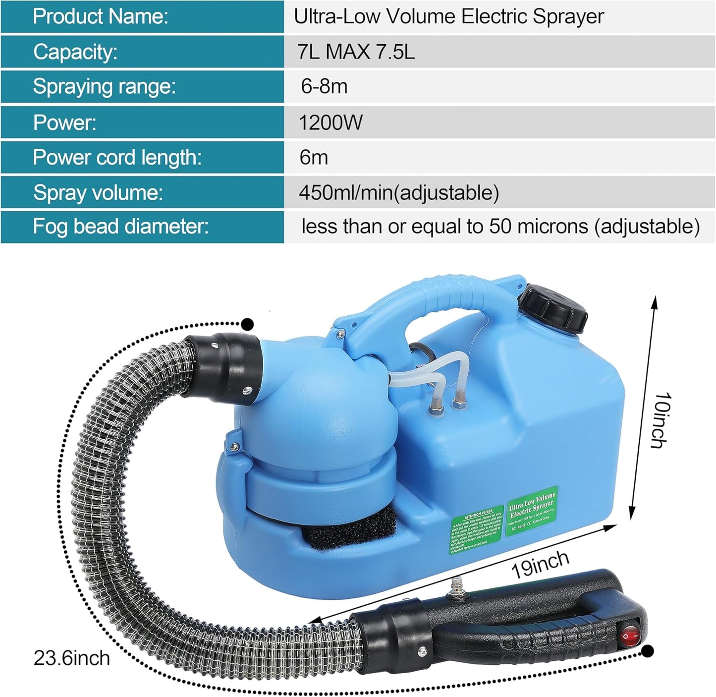 ULV Foggers Machine 7L (1.85 Gallon) Electric Fogger Portable Ultra-Low Atomizer Sprayer Suitable for Indoor and Outdoor Public