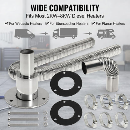 Diesel Heater Exhaust Kit - Exhaust Pipe, Straight Thru Hull Fitting and 24mm Elbow Tube Connector Set, Compatible with Webasto Eberspacher Heaters