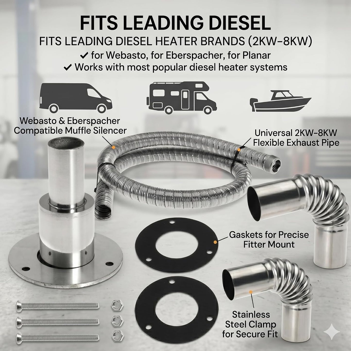 Diesel Heater Exhaust Kit - Exhaust Pipe, Straight Thru Hull Fitting and 24mm Elbow Tube Connector Set, Compatible with Webasto Eberspacher Heaters