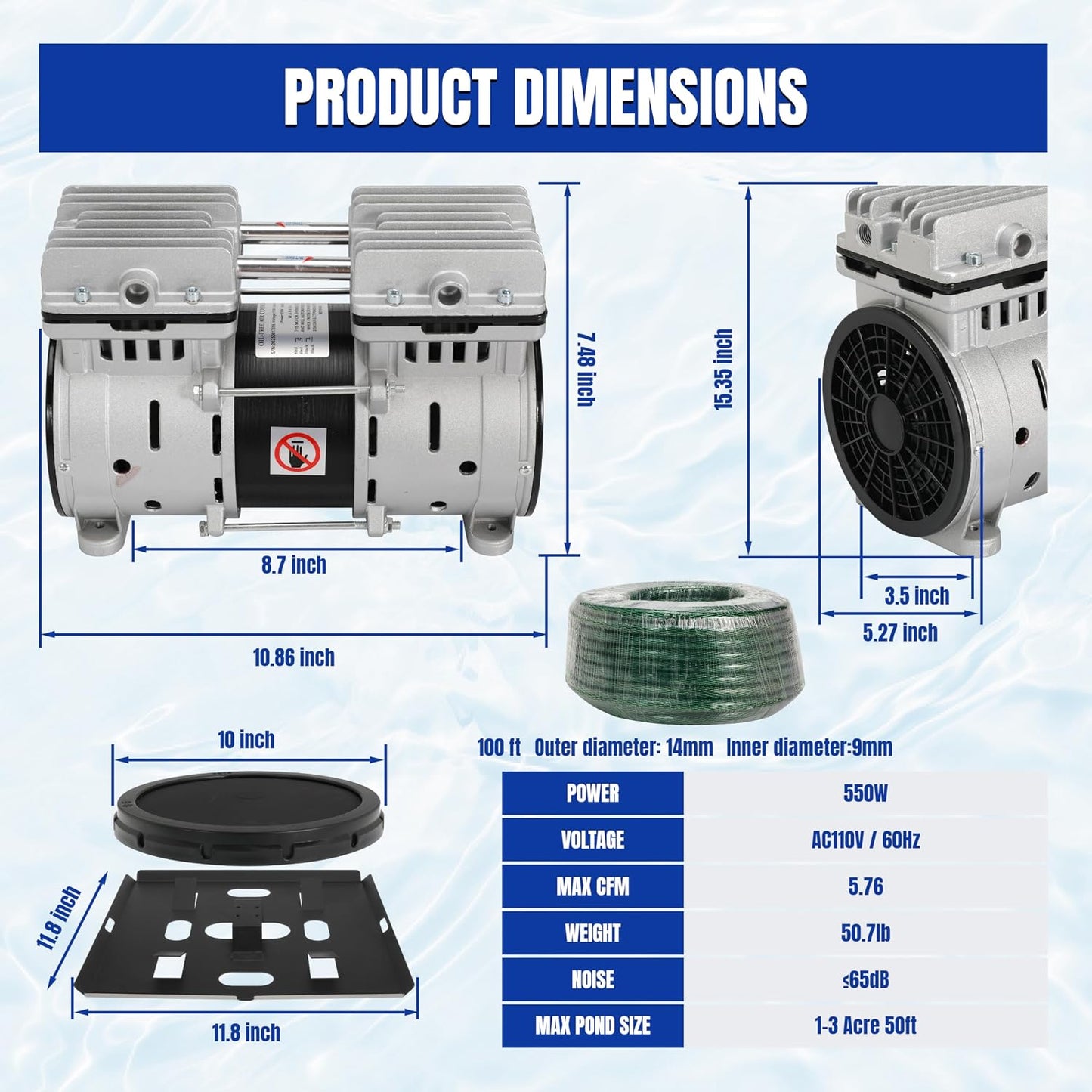 Pond Aerator Pump Lake Aerartion System 5.76 CFM for Up to 3 Acre with 2 Diffusers 3/4 HP Compressor 100' Weighted Tubing for Outdoor Ponds Deep Water Oxygen Circulation