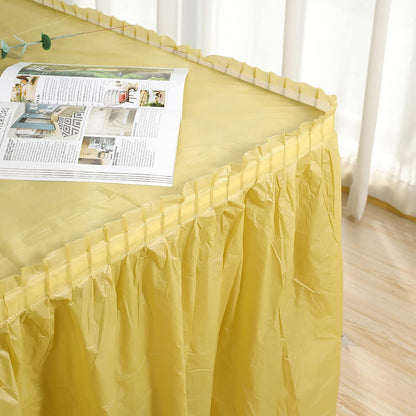frtzal 5 Pack Plastic Table Skirts for Rectangle Tables with 5 Pack Table Cloths, 14 Ft Blue Tableskirts and 54" x 108" Tablecloths, Disposable Tablecloth Skirt Table Covers for Party Birthday (Gold)