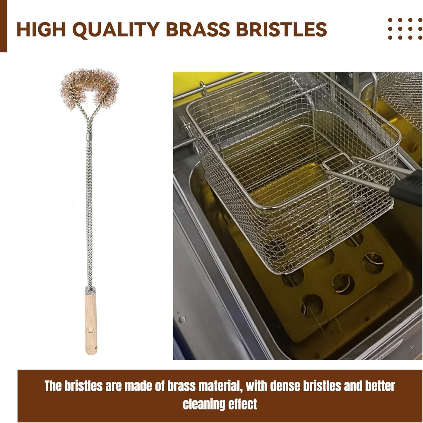 3 Pcs Fryer Cleaning Tools Including L Shaped Brass Bristles Fryer Deep Cleaning Brush, Fryer Deep Cleanout Rod, Long Handle Fryer Basket Brush for Restaurant Air Fryer Cleaning