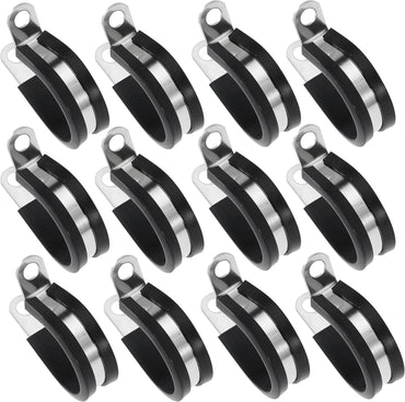 12 PCS Stainless Steel Cable Clamp Assortment Kit Rubber Coated Cushioned Insulated Metal Cable Clamp for Tube, Pipe or Wire Cord Installation(12, 1 Inch)