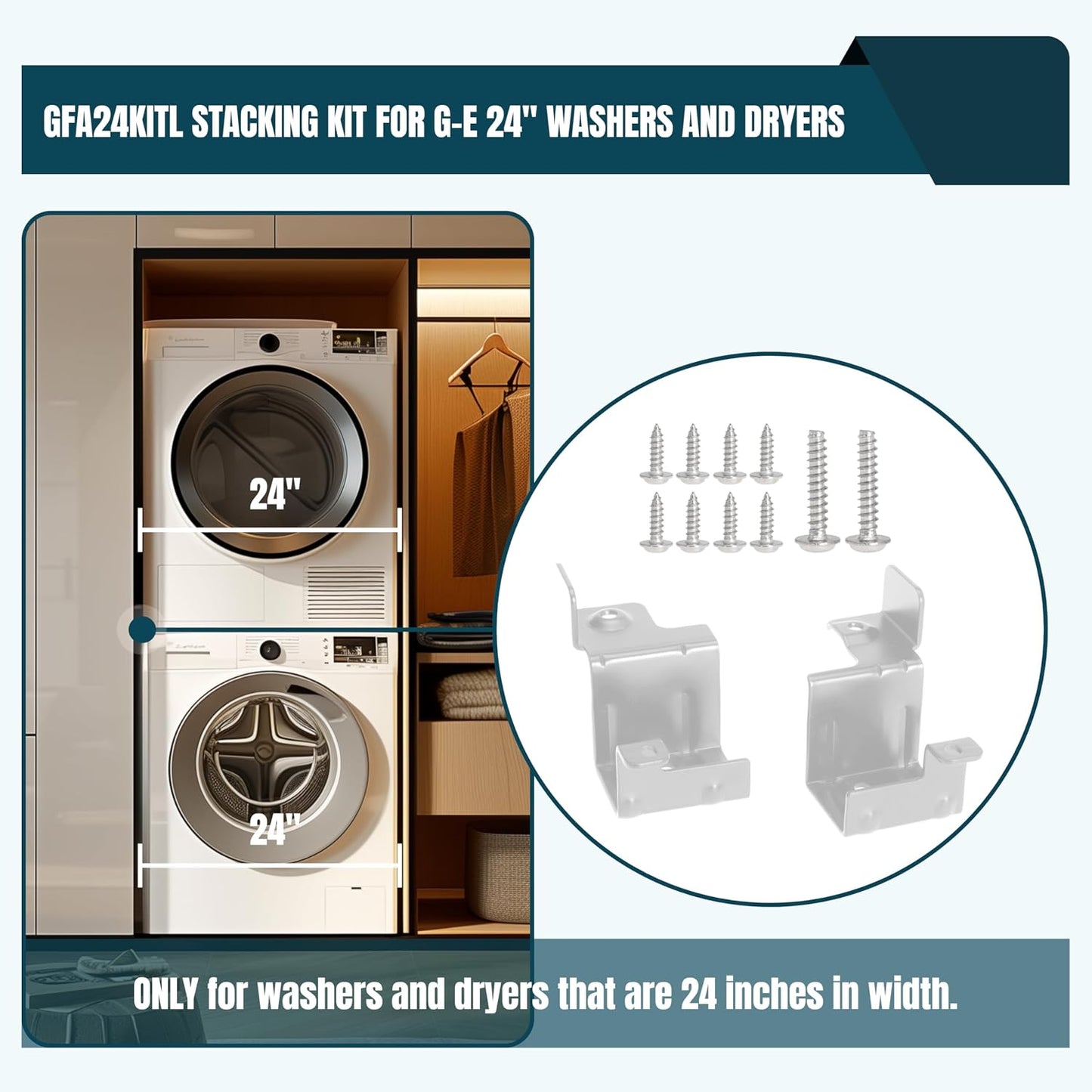 Replacement GFA24KITL Stacking Kit for G-E 24 Inch Wide Washers and Dryers, Stack Bracket Kit 24 In Front Load Laundry Stacking Kit, White