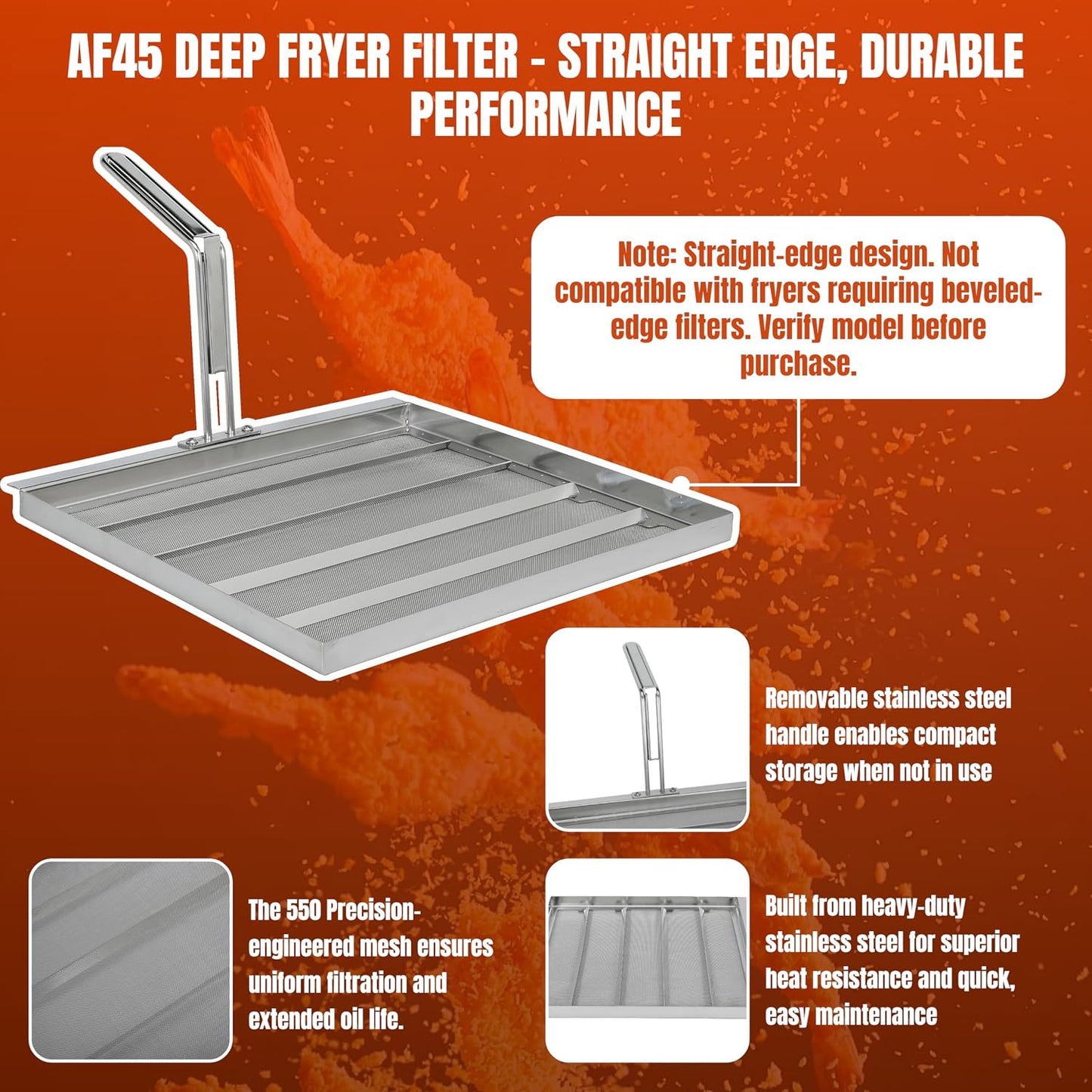 Commercial Deep Fryer Oil Filter Screen Strainer Replace AF45 with 550 Micron Stainless Steel Filter 13.75" x 13.75" Extends Oil Life 40% for Commercial Restaurant Kitchens