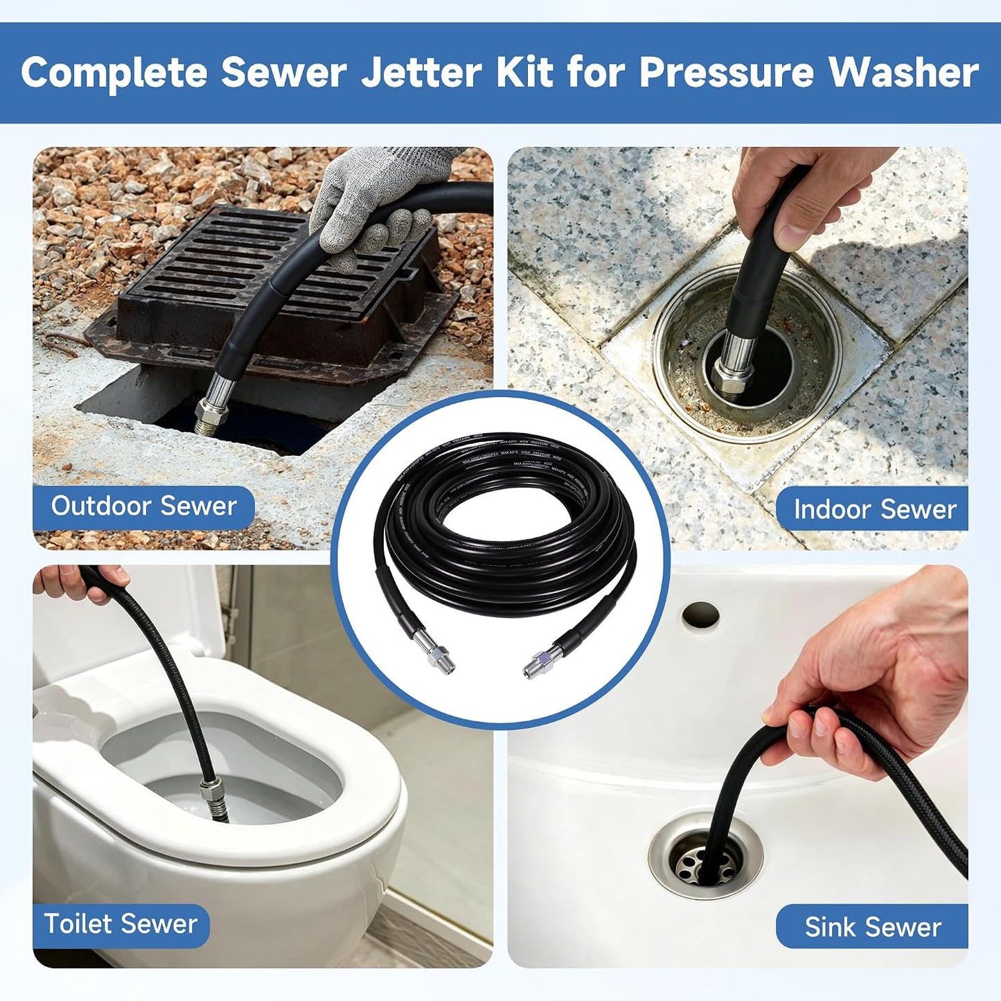 50FT Sewer Jetter Kit for Pressure Washer, 5800PSI, 1/4 Inch NPT Drain Cleaner Hose Sewer Jetting with Rotating Corner Button Nose Nozzle for Pipe Cleaning