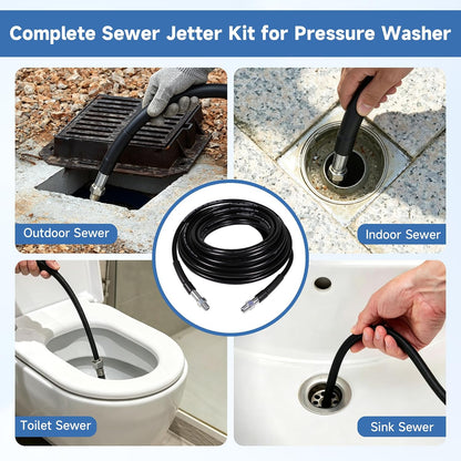 200FT Sewer Jetter Kit for Pressure Washer, 5800PSI, 1/4 Inch NPT Drain Cleaner Hose Sewer Jetting with Rotating Corner Button Nose Nozzle for Pipe Cleaning