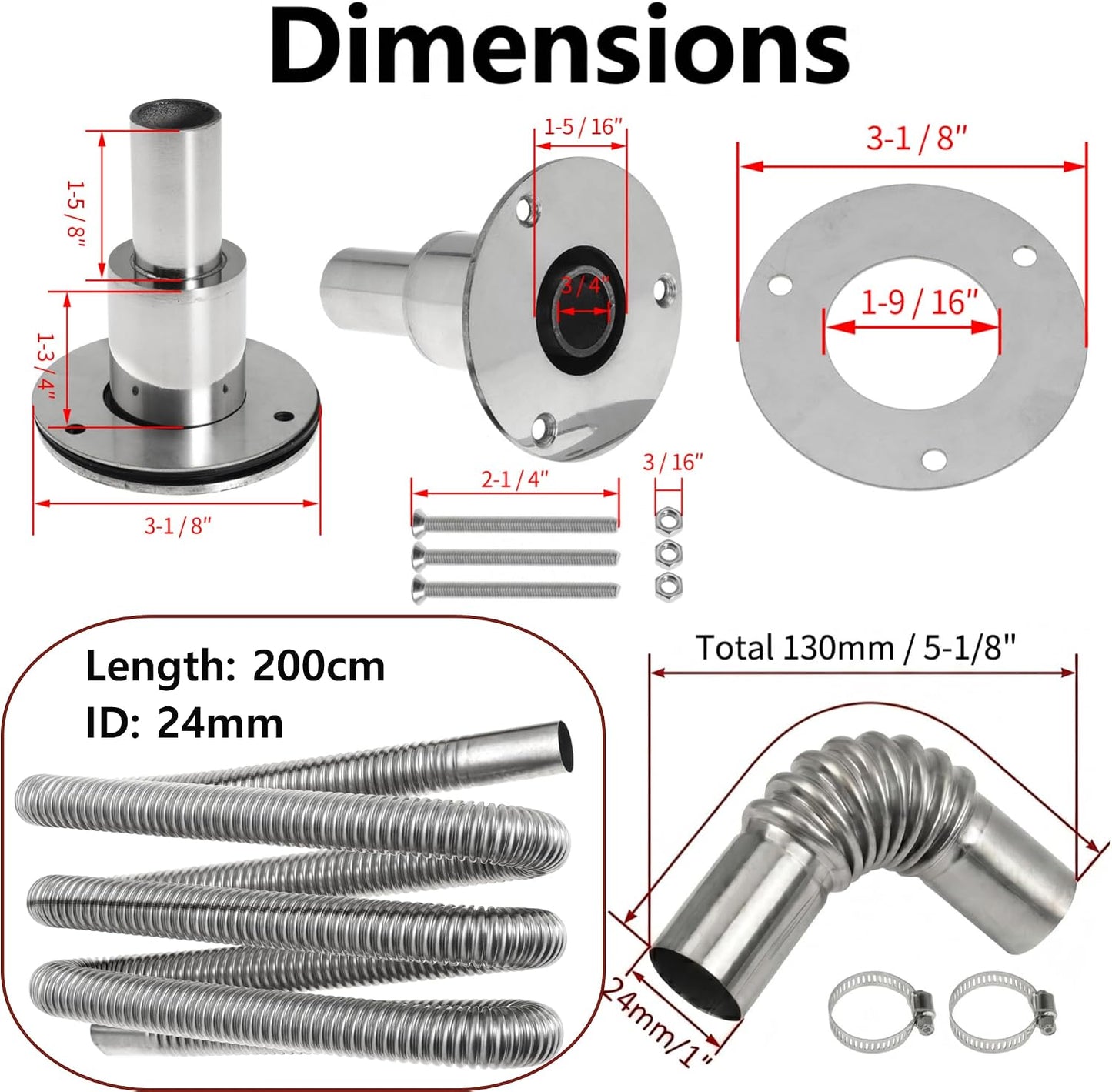 200cm 24mm Exhaust Pipe for Diesel Heater, 1 Inch ID Generator Exhaust Extension with Thru Hull Exhaust Skin and Tube Elbow Connector