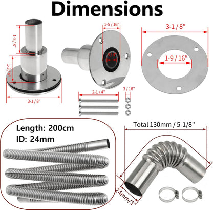 200cm 24mm Exhaust Pipe for Diesel Heater, 1 Inch ID Generator Exhaust Extension with Thru Hull Exhaust Skin and Tube Elbow Connector