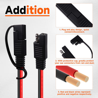 12 Inch 14AWG SAE Y Splitter 14 AWG 14 Gauge 1 to 2 SAE Extension Cable, 2 Prong DC Power Connector with Dust Cover for Solar Panel Battery Charger (14AWG 12in, 2pcs)