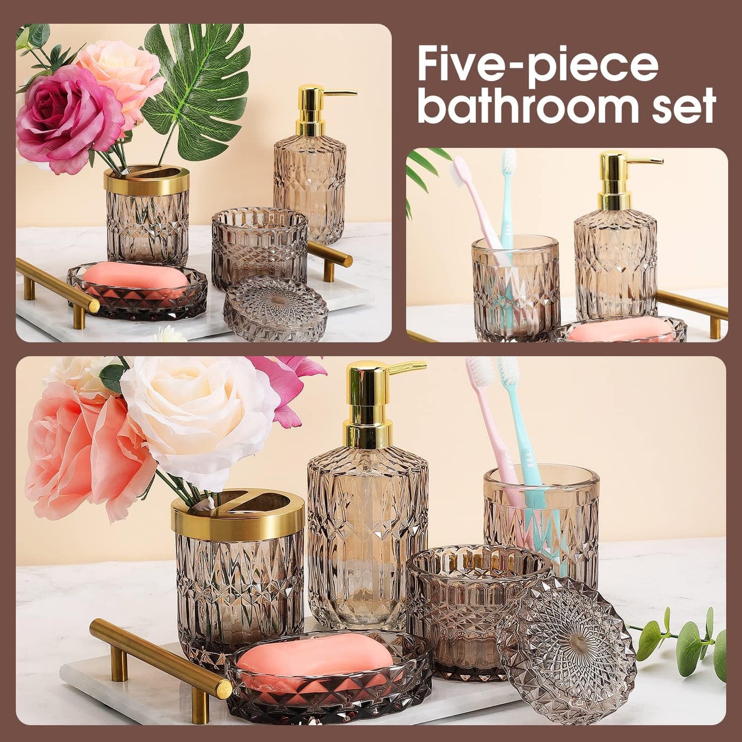 5Pcs Glass Bathroom Accessories,Bathroom Sets Complete, Lotion Dispenser, Soap Dish, Toothbrush Holder, Tumbler, Cotton Swab Jars, Modern Bathroom Decor and Gift Set (Gary)