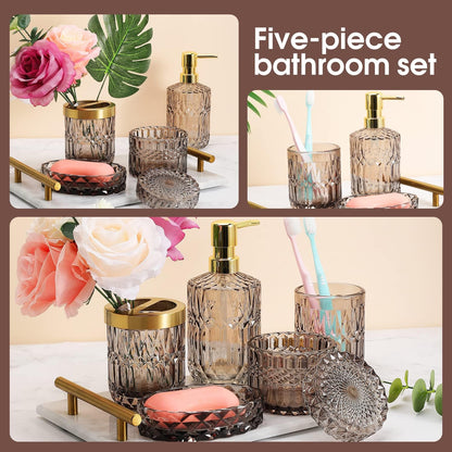 5Pcs Glass Bathroom Accessories,Bathroom Sets Complete, Lotion Dispenser, Soap Dish, Toothbrush Holder, Tumbler, Cotton Swab Jars, Modern Bathroom Decor and Gift Set (Gary)