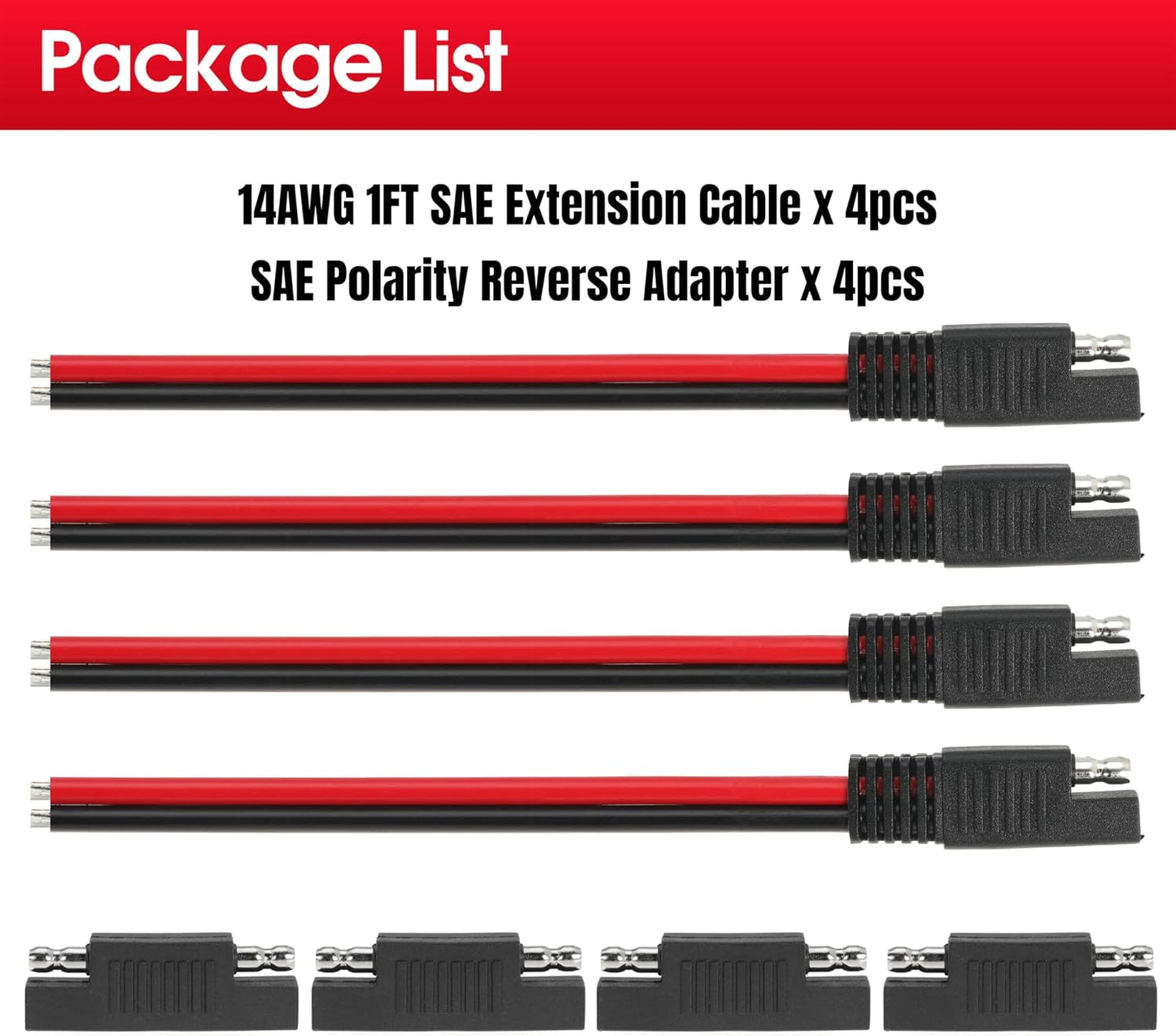 1FT 14AWG SAE Extension Cable, 14 Gauge SAE Connector Cable 14 AWG 2 Pin SAE Quick Disconnect for Solar RV Automotive, 4PCS