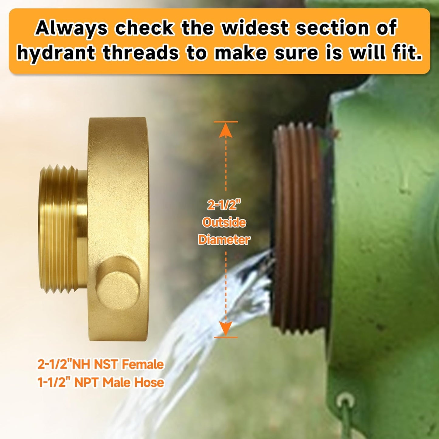 2-1/2""NH NST Female x 1-1/2"" NPT Male Fire Hydrant Adapter, Fire Hydrant Hose Adapter Brass Fire Equipment for Fire Hose or Hydrant with Pin Lugs, Gold